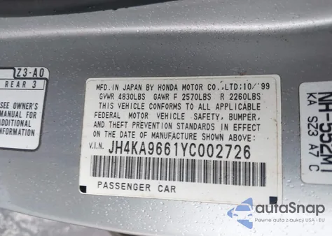 2000 Acura Rl 3.5 z USA, uszkodzony, nr VIN JH4KA9661YC002726